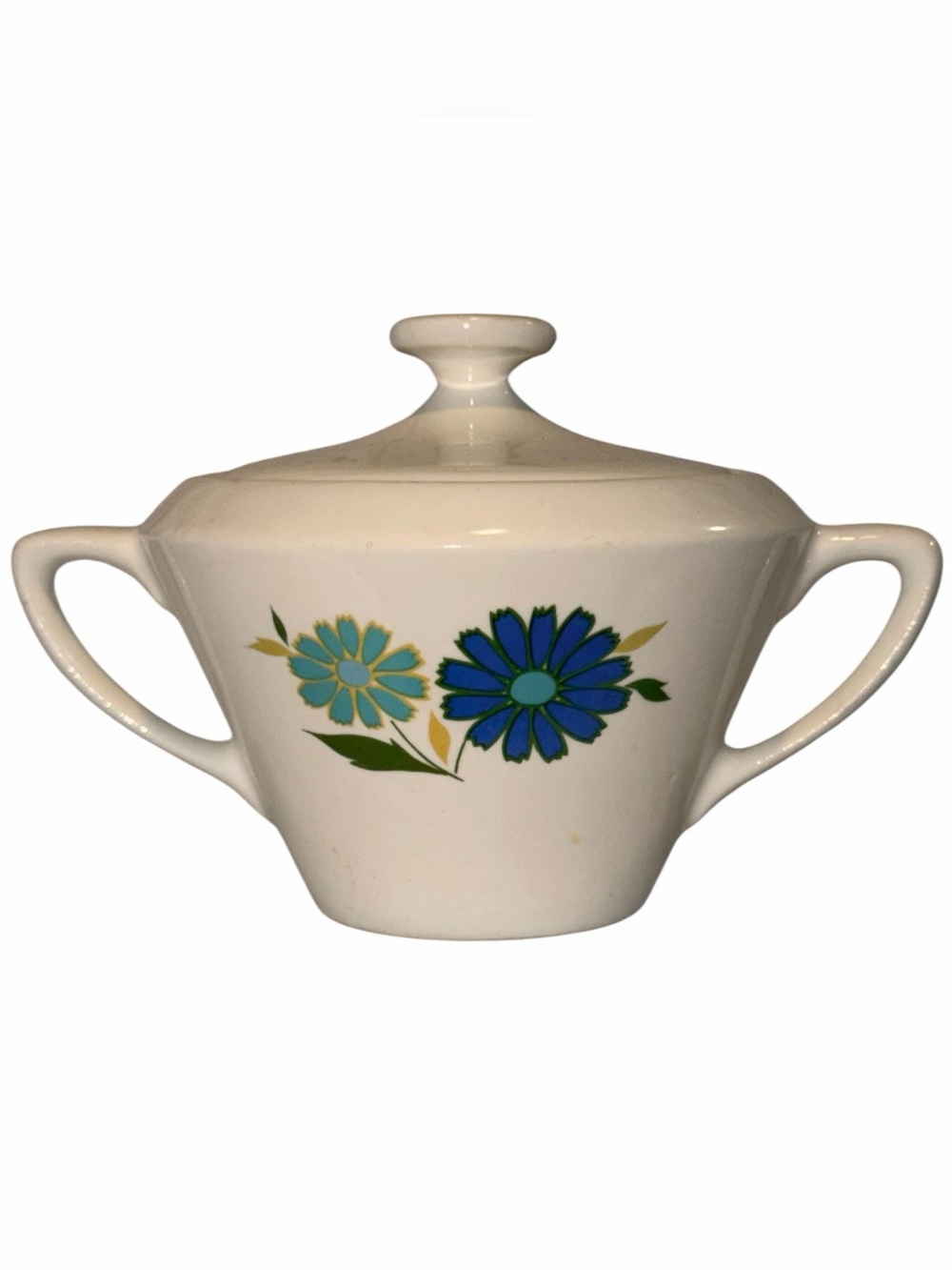 Vintage 1970s Ironstone Western Wild Daisy Sugar Bowl with Lid Blue Retro MCM